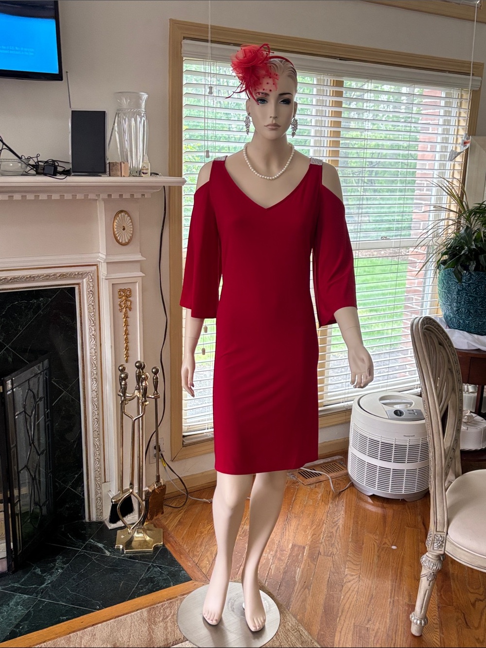 Red Cold-Shoulder V-Neck Midi Dress.  Designer MSK. Size 14